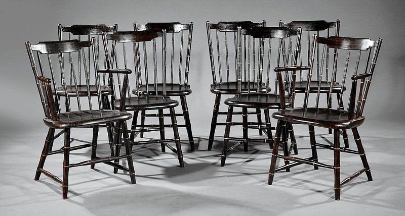 Bamboo-Turned and Grained Windsor Dining Chairs: A Group of Eight Antique American Bamboo-Turned and Grained Windsor Dining Chairs, 19th c., probably Pennsylvania, comprising two armchairs and six side chairs, each with a tablet crest rail on bamboo