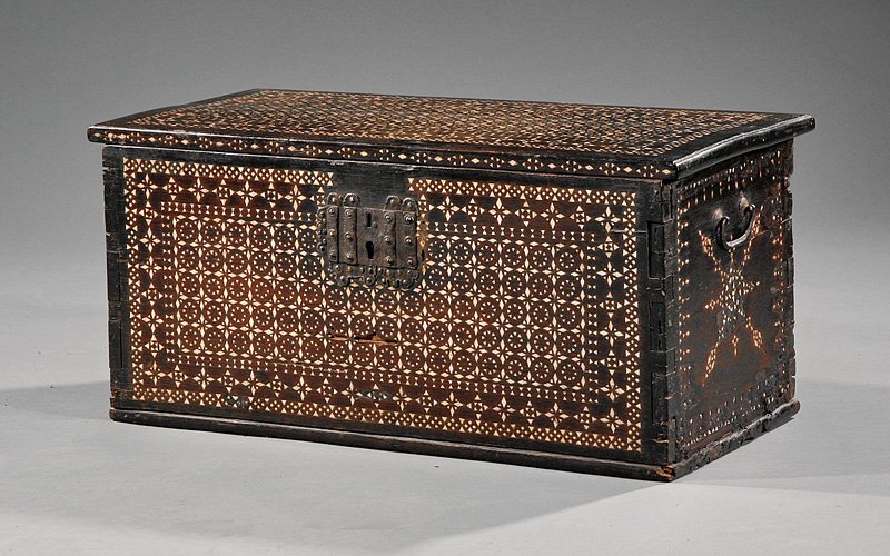 Mother-of-Pearl Inlaid Hardwood Trading Chest: An Indonesian Mother-of-Pearl Inlaid Hardwood Trading Chest, probably 19th c., rectangular body with overhanging hinged lid, exterior extensively inlaid in geometric patterns, height 13 in., width 27 
