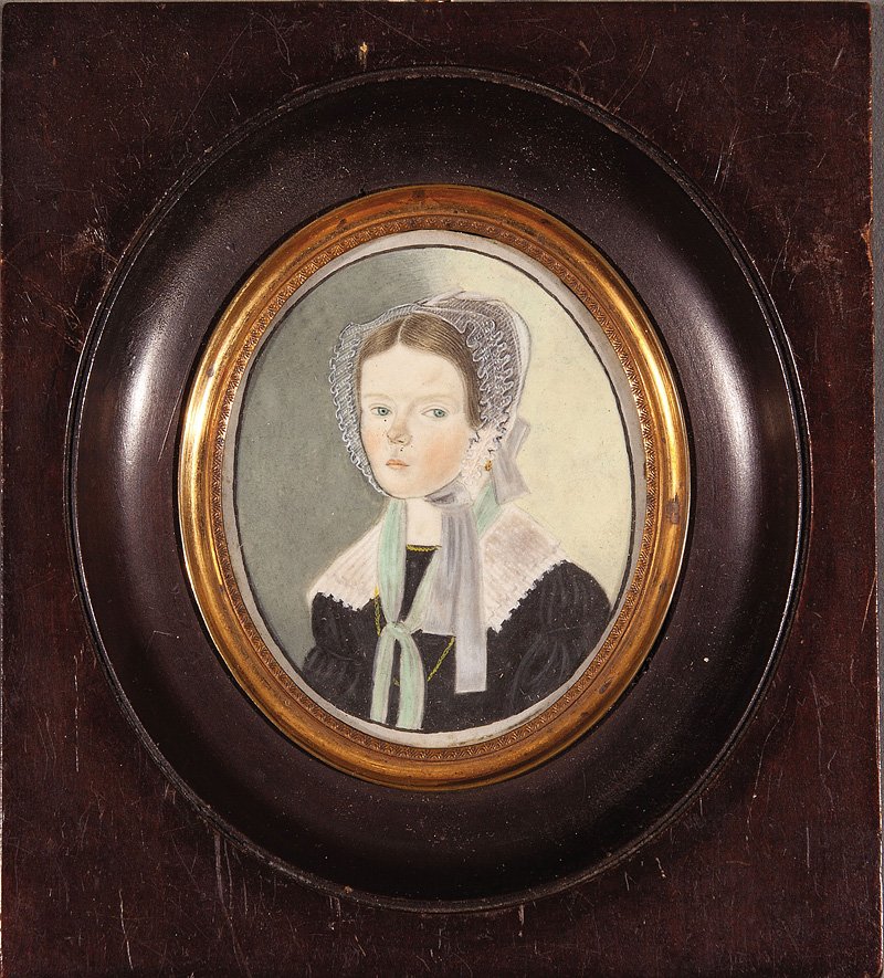 American Portrait Miniatures of Husband and Wife: A Pair of American Portrait Miniatures of a Husband and Wife, 19th c., watercolor on ivory, each 3 in. x 2 1/2 in., period frames with gilt brass rabbets. Provenance: "Villa Rose" Collection of Grace 