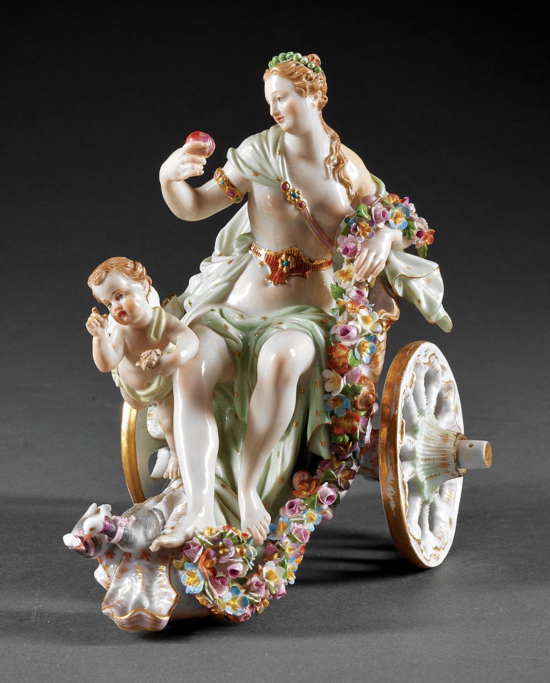 Meissen Porcelain Group of Venus and Cupid: A Meissen Porcelain Figural Group of Venus and Cupid in a Chariot, late 19th c., marked, engraved "2260.94", height 7 in., width 6 3/4 in., depth 6 1/2 in