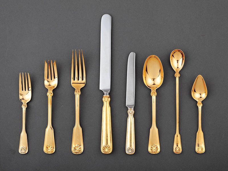 Tiffany Sterling Silver Vermeil Partial Flatware: A Tiffany Sterling Silver Vermeil Partial Flatware Service, pat. 1905, in the "Shell and Thread" pattern, including four each: dinner forks, dinner knives, salad forks, dessert forks, dessert knives a