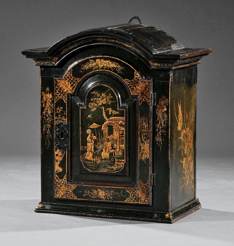 Georgian Chinoiserie Decorated Hanging Cupboard: A Georgian Chinoiserie Decorated Hanging Cupboard, arched cornice above raised panel door, molded base, the whole with gilt and green paint decoration, height 26 in., width 23 in., depth 13 1/2 in. Pr