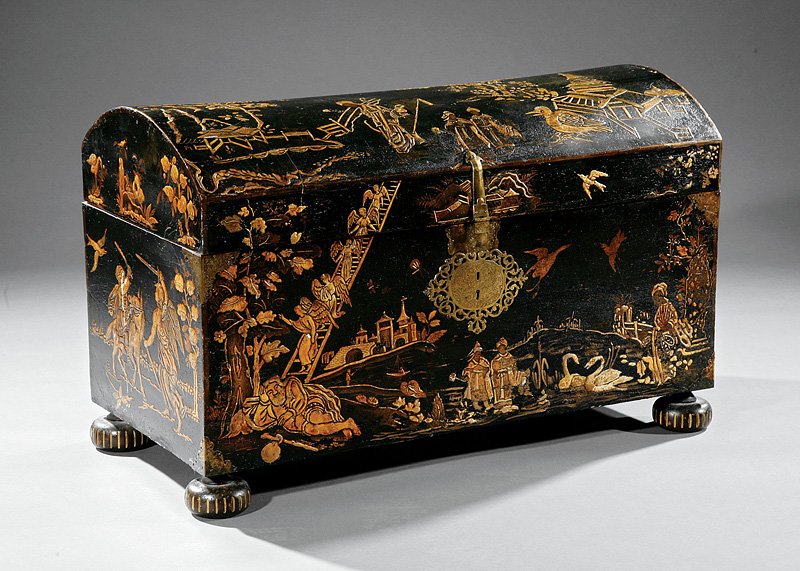 William and Mary-Style Japanned Dower Chest: An Antique William and Mary-Style Japanned Dower Chest, probably 19th c., domed lid, void interior, chased brass strapwork hinges, later bun feet, the whole with gilt decoration, height 26 1/2 in., wi