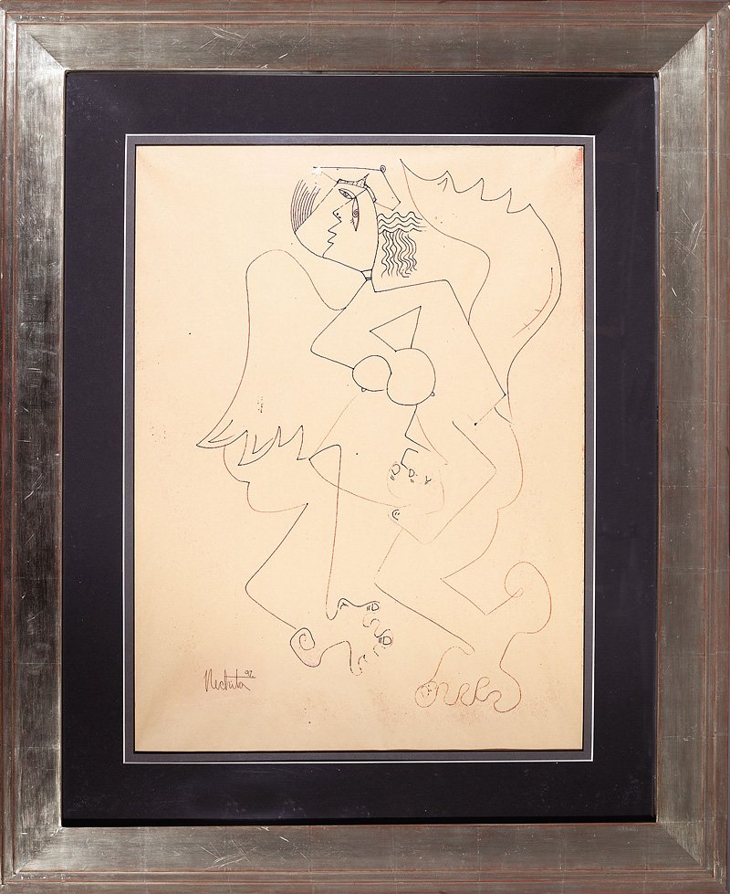 Alexandra Nechita (Romanian/California, b. 1985): Alexandra Nechita (Romanian/California, b. 1985), "My Guardian Angel", 1997, pen and ink on paper, signed and dated lower left, sight 23 1/2 in. x 17 1/4 in., framed; accompanied by original receipt f