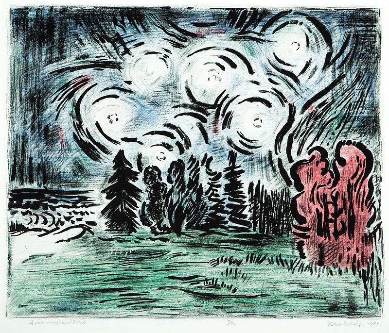 Karl Schrag (German/American, 1912-1995): Karl Schrag (German/American, 1912-1995), "Autumn Wind and Stars", 1988, color lithograph, pencil-signed, titled, dated, and numbered "7/60" lower margin, artist label en verso, 21 1/2 in. x 24 3/4 in
