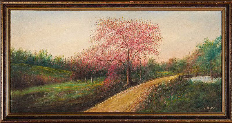 Will Ousley (American/Louisiana, 1866-1953): Will Ousley (American/Louisiana, 1866-1953), "Red Buds of Louisiana", 1939, oil on masonite, signed lower right, signed, titled, dated and inscribed "118 Belden St., Lake Charles, LA" en verso, 14 in.
