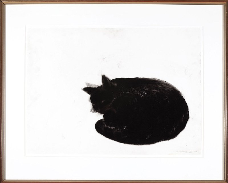 Peter Alexander (American/California, b. 1939): Peter Alexander (American/California, b. 1939), "Romance VIII (Sleeping Cat)", 1987, charcoal on paper, initialed, titled and dated lower right, artist label en verso, 17 1/2 in. x 23 1/2 in., framed