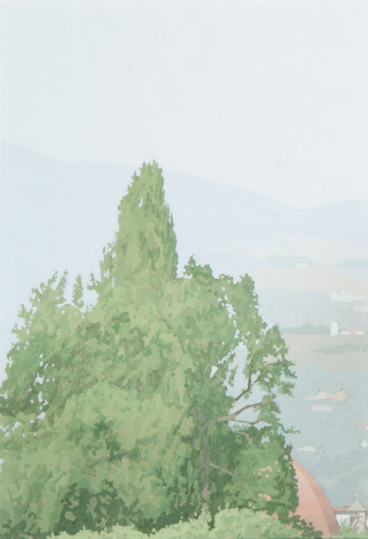 Attributed to Harold Reddicliffe (American): Attributed to Harold Reddicliffe (American, b. 1947), "Cypress", 1986, gouache on paper, unsigned, artist name, title and date inscribed en verso, 8 1/4 in. x 5 7/8 in., framed