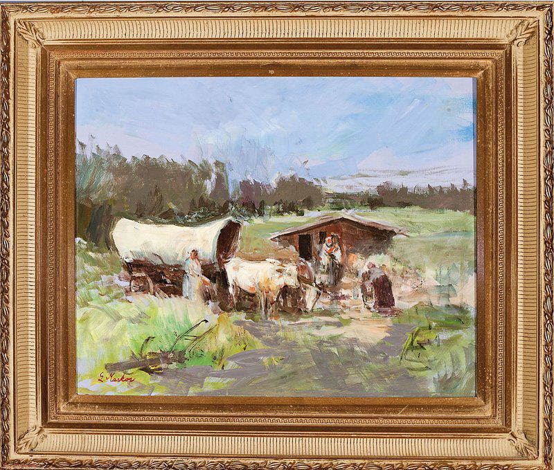 Lajos Markos (American/Texas, 1917-1993): Lajos Markos (American/Texas, 1917-1993), "Pioneer Family with Covered Wagon and Oxen before a Prairie Home", oil on masonite, signed lower left, artist name inscribed en verso, 16 in. x 20 in., frame
