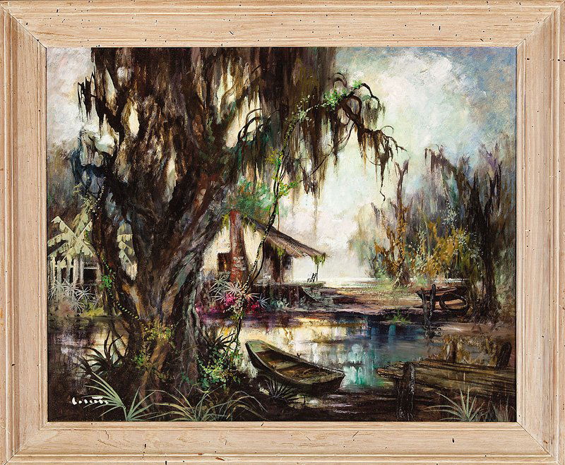 Colette Pope Heldner (American/New Orleans, 1902): Colette Pope Heldner (American/New Orleans, 1902-1990), "Swamp Idyl", c. 1950s, oil on canvas, signed lower left, titled and signed en verso, 24 in. x 30 in., wormwood frame; accompanied by a purchase