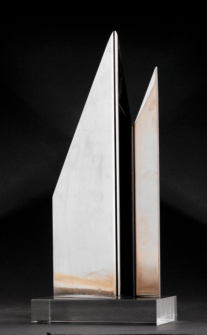 Arthur Silverman (American/New Orleans, b. 1923): Arthur Silverman (American/New Orleans, b. 1923), "Two Peaks", 1987, polished chrome, artist's name and date inscribed on side, clear acrylic base, overall height 11 1/2 in