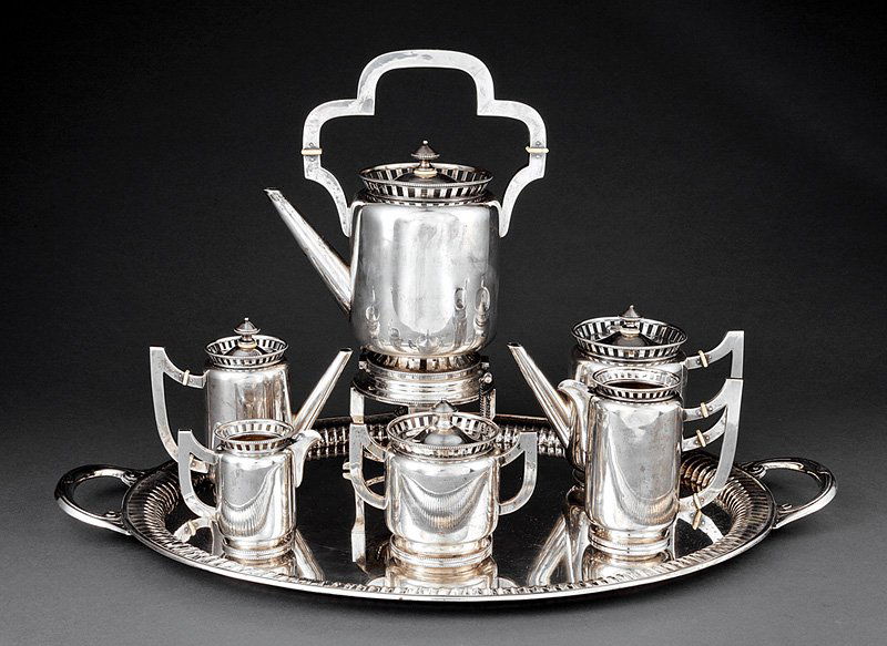 Austro-Hungarian .800 Silver Tea & Coffee Service: Austro-Hungarian.800 Silver Tea and Coffee Service, late 19th/early 20th c., Pest, maker A.B.A. untraced, incl. teapot, kettle-on-stand with burner, small coffee pot, covered sugar, creamer and hot mi