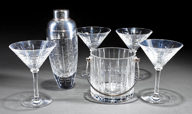 Baccarat "Equinoxe" Cut Glass Cocktail Set: Baccarat "Equinoxe" Cut Glass Cocktail Set, marked, including 4 martini glasses and a stainless steel-mounted cocktail shaker, h. 6 1/4 in. and 9 1/2 in.; together with a "Harmonie" ice bucket, h. 5 i