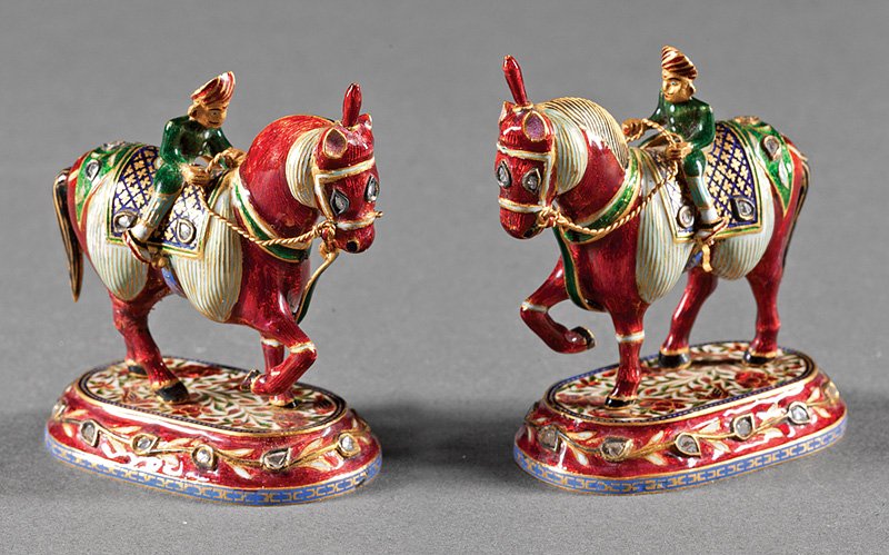 Mughal-Style Enameled and Jeweled Horsemen: Pair of Mughal-Style Enameled and Jeweled Horsemen, in opposing stances, h. 2 1/4 in.; together with a Mughal-style enameled and jeweled swan, h. 2 1/4 in