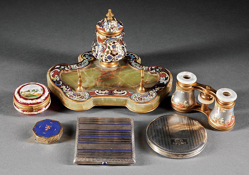 Group of Continental Dressing Table Articles: Group of Continental Dressing Table Articles, 19th/early 20th c., incl. champlevé enamel and onyx pen stand; pair of mother-of-pearl and enamel opera glasses; enamel and glass pill box; enamel and si