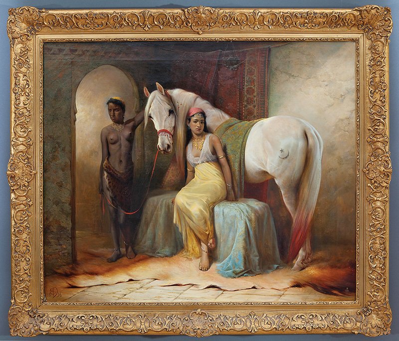 Henry E. Detmold (British, 1854-1924): Henry E. Detmold (British, 1854-1924), "Arabian Horse with Groom and Seated Princess", 1896, oil on canvas, monogrammed and dated lower left, signed, dated, and inscribed "London" en verso, 32 3/4 in.
