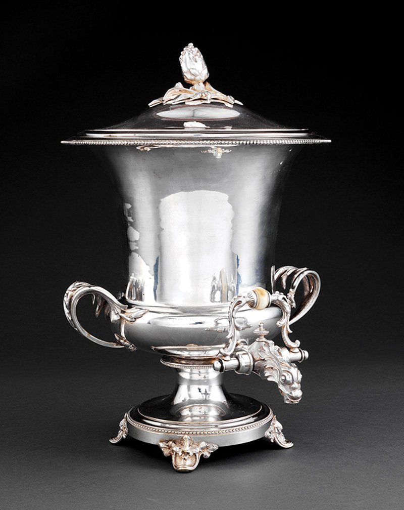 Antique Christofle Silverplate Hot Water Urn: Antique Christofle Silverplate Hot Water Urn, 19th c., campagna-form with removable cover mounted with seed pod finial, openwork acanthus handles, dragon spigot, h. 14 7/8 in