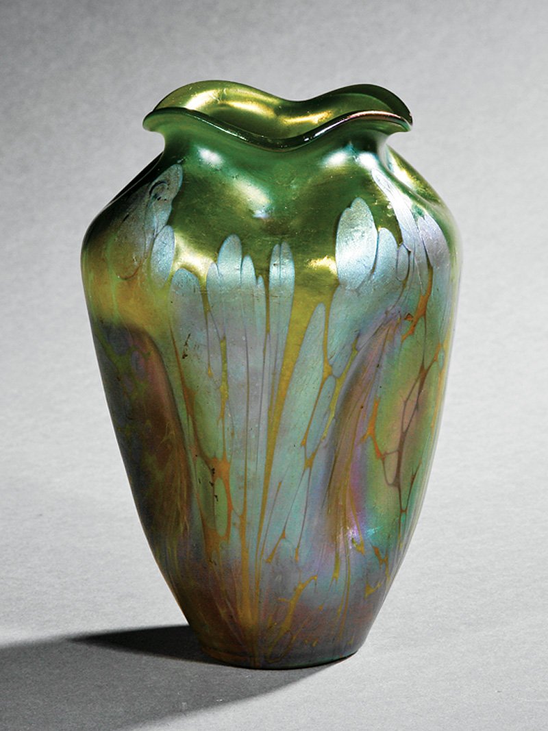 Iridescent Green Art Glass Vase, poss. Loetz: Bohemian Iridescent Green Art Glass Vase, early 20th c., possibly Loetz, tulip-form body, pinched sides, ruffled rim, h. 7 1/2 in