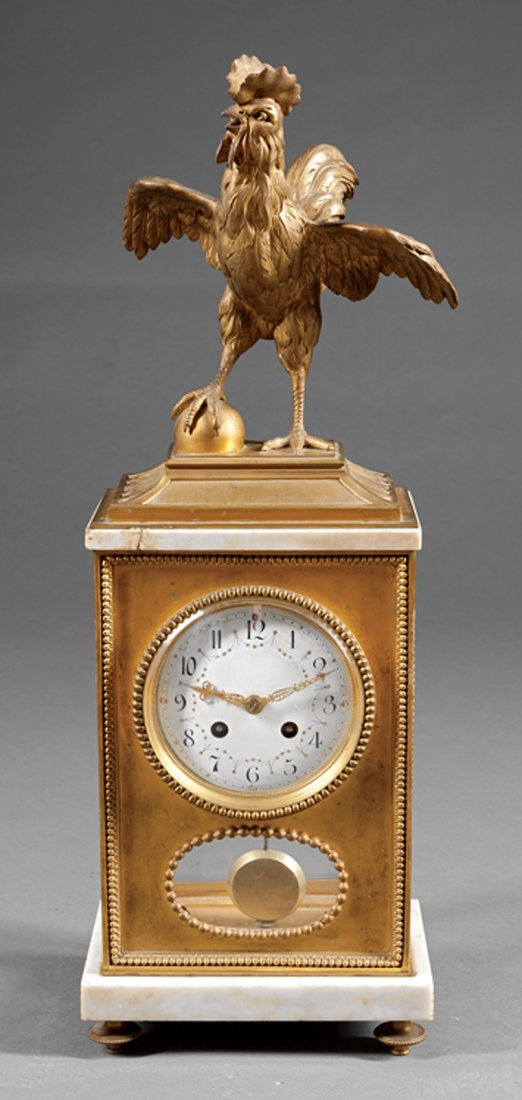 French Gilt Bronze and Marble Regulator Clock: French Gilt Bronze and Marble Regulator Clock, 19th c., surmounted by a Gallic rooster, enamel dial, toupie feet, h. 21 1/2 in., w. 8 1/2 in., d. 5 1/8 in. Provenance: The Gotlib Collection