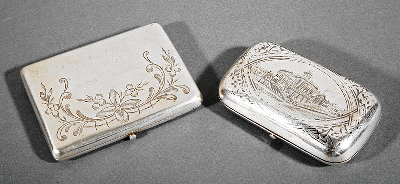 Imperial Russian .875 Silver Cigarette/Cigar Case: Imperial Russian.875 Silver Cigarette/Cigar Case, Moscow, 1882, maker's mark rubbed, niello architectural decorations, h. 1 in., w. 4 in., d. 2 1/2 in., wt. 3.50 troy ozs; together with Imperial Russi