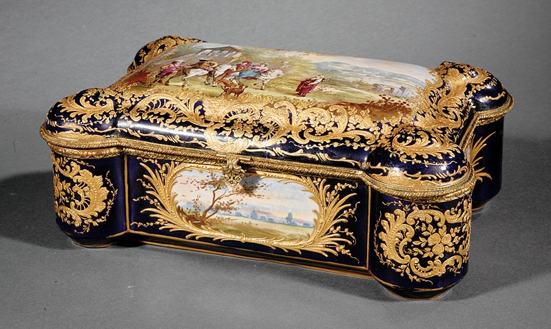 Gilt Bronze-Mounted Sèvres Porcelain Jewel Casket: French Gilt Bronze-Mounted Sèvres Porcelain Jewelry Casket, probably 19th c., interlaced Ls mark, hinged cover painted with equestrians in a Classical landscape, signed "Lamry", velvet interior, h. 5