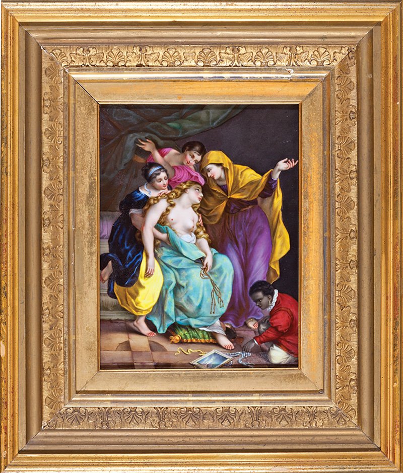Austro-Hungarian Porcelain Plaque: Austro-Hungarian Porcelain Plaque, 19th c., impressed "CF/1", possibly by Carl Fischer for Pirkenhammer, painted with a maiden consoled by her retinue, inscribed, 11 1/2 in. x 8 1/4 in., framed. Prove