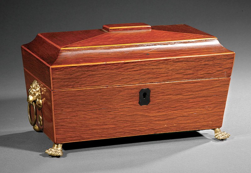 George III Kingwood Sarcophagus-Form Tea Caddy: George III Kingwood Sarcophagus-Form Tea Caddy, 19th c., hinged lid, fitted compartments, lions mask ring handles, paw feet, h. 7 5/8 in., w. 12 3/4 in., dia. 6 3/4 in