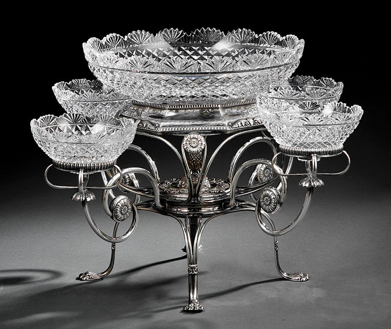 Sheffield Plate and Cut Glass Epergne: Sheffield Plate and Cut Glass Epergne, 19th c., in the Classical taste, wirework body, scrolling arms, fan and diamond cut bowls, h. 12 in., dia. 19 7/8 in