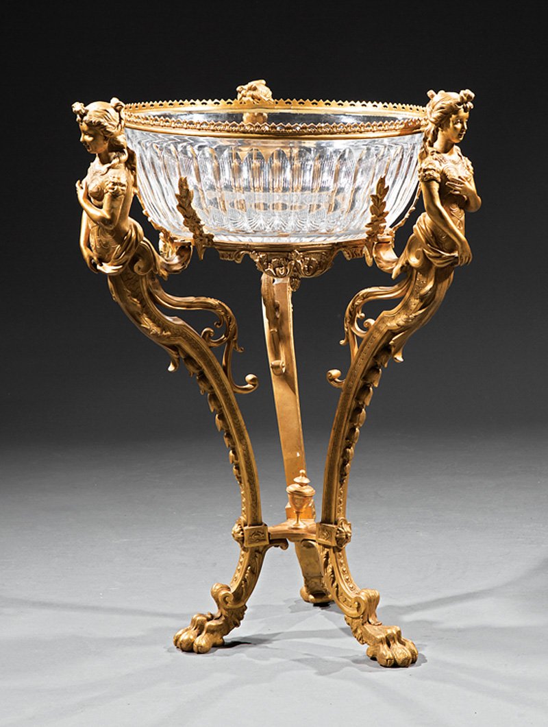 Gilt Bronze-Mounted Cut Glass Jardiniere: French Neoclassical-Style Gilt Bronze-Mounted Cut Glass Jardiniere, late 19th/early 20th c., faceted bowl supported by Classical terms on scrolled legs, paw feet, incurvate stretcher, h. 32 1/2 in., d