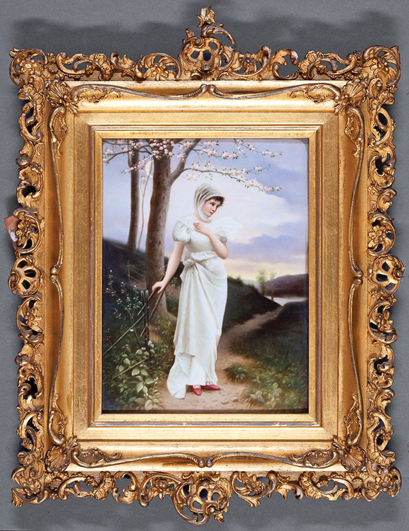 Fine Berlin KPM Porcelain Plaque: Fine Berlin KPM Porcelain Plaque, 19th c., impressed monogram and scepter mark, "Frühlingsglaube (Faith in Spring)", after the painting by C.V. Bodenausen (German, 1852-1931), inscribed on reverse, 9