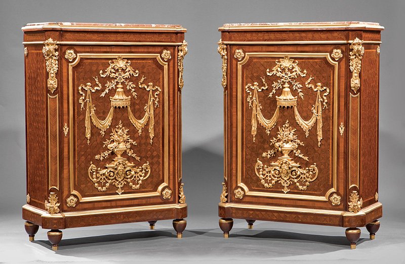 Dore Bronze-Mounted Parquetry Cabinets: Fine Pair of Louis XVI-Style Dore Bronze-Mounted Parquetry Cabinets, bronze molded marble top, paneled door, chamfered corners, molded base, toupie feet, h. 46 in., w. 33 in., d. 17 in