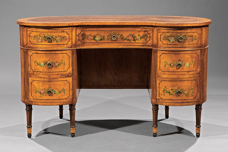 Edwardian Paint-Decorated Satinwood Desk: Edwardian Paint-Decorated Satinwood Kidney-Shaped Desk in the Adam Taste, late 19th/early 20th c., inset tooled leather top, kneehole configuration of drawers, fluted tapered legs, h. 30 1/2 in., w. 5
