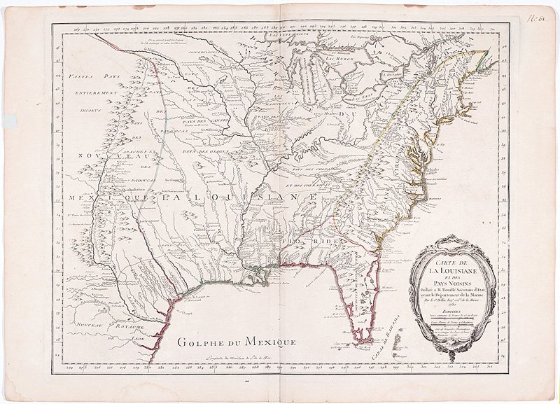 Jacques Nicolas Bellin (French, 1703-1772): Jacques Nicolas Bellin (French, 1703-1772), "Carte de la Louisiane et des Pays Voisins", 1755, Paris, engraving in outline color, with revisions from Bellin's first version in 1750, very detailed info