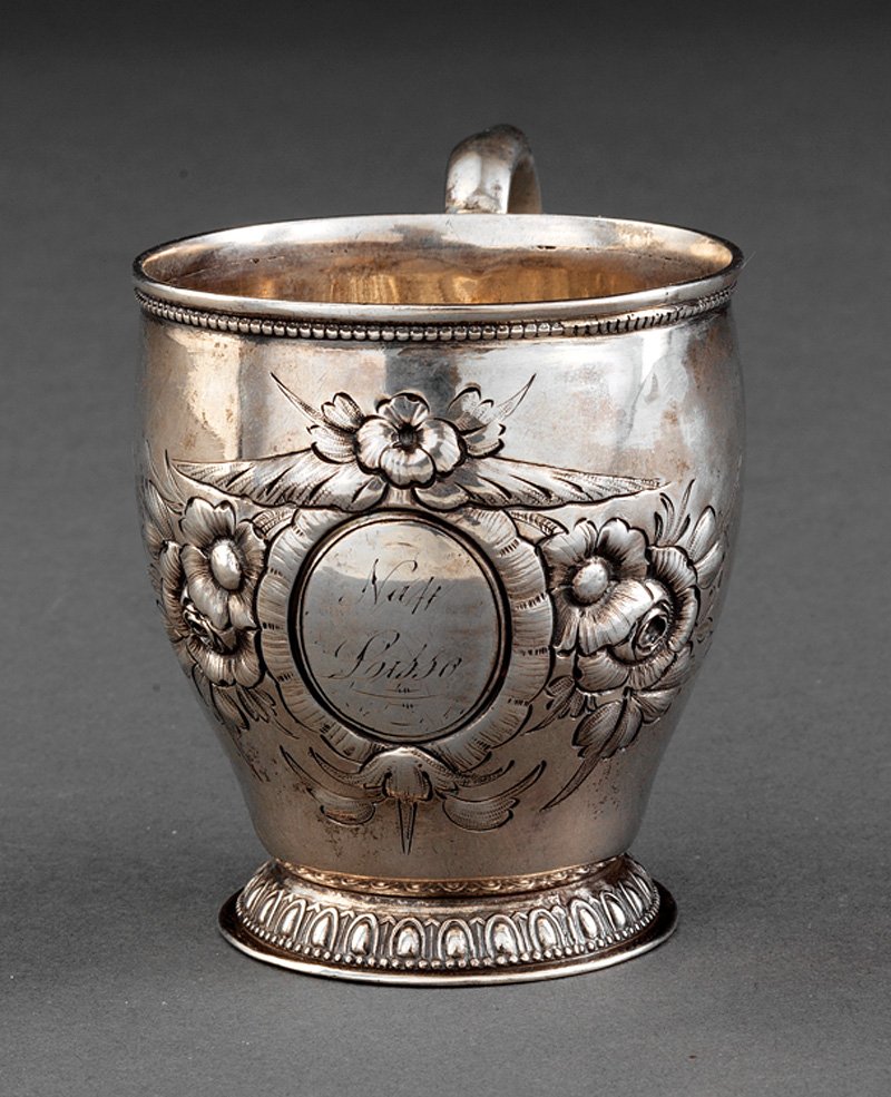 Adolphe Himmel Coin Silver Presentation Cup: New Orleans Coin Silver Presentation Cup, Adolphe Himmel, New Orleans (1825/6-1877), wc. 1852-1877, marked "A.H./NEW ORLEANS/COIN", floral repousse surrounding engraved cartouche, egg and dart and bea