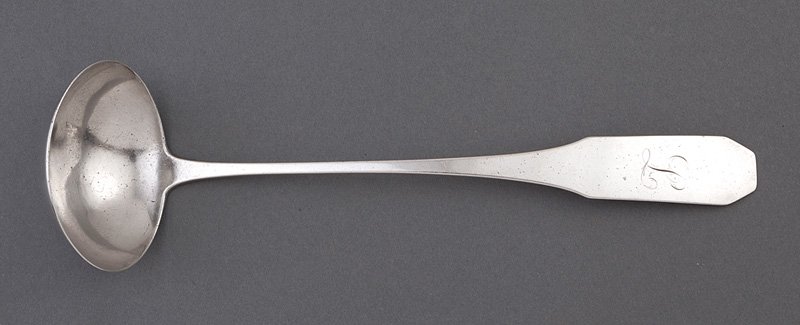 R. Johnson & J. Reat Coin Silver Soup Ladle: Virginia Coin Silver Soup Ladle, Reuben Johnson & James Reat, Richmond, wc. 1804-1815, marked "JOHNSON&REAT" in two sizes of uppercase letters in conforming rectangle, l. 14 1/2 in., wt. 6.80 troy ozs