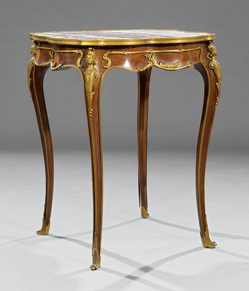 Gilt Bronze-Mounted Mahogany Occasional Table: Louis XVI-Style Gilt Bronze-Mounted Mahogany Occasional Table, probably late 19th/early 20th c., shaped variegated marble top, conforming frieze, cabriole legs, h. 30 3/8 in., w. 23 1/4 in., d. 23 in.