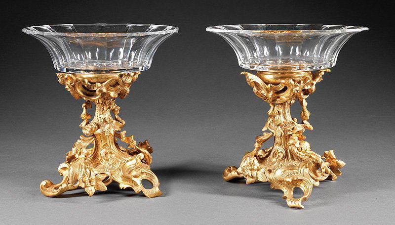 Henry Picard Gilt Bronze, Cut Glass Compotes: Fine Pair of Antique Louis XV-Style Gilt Bronze and Cut Glass Compotes, mid-19th c., Henri Picard, Paris, stamped and numbered "392" on feet, faceted bowls on rocaille tripartite supports, scrolled fe