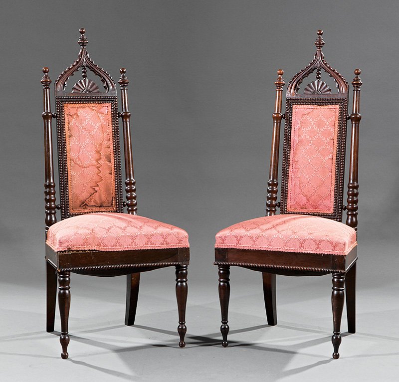 Pair of American Gothic Rosewood Side Chairs: Pair of American Gothic Rosewood Side Chairs, mid-19th c., finialed crocketed crest, turned stiles, ripple molded back, beaded trapezoidal seat rail, turned tapered legs. Provenance: Estate of Donald 