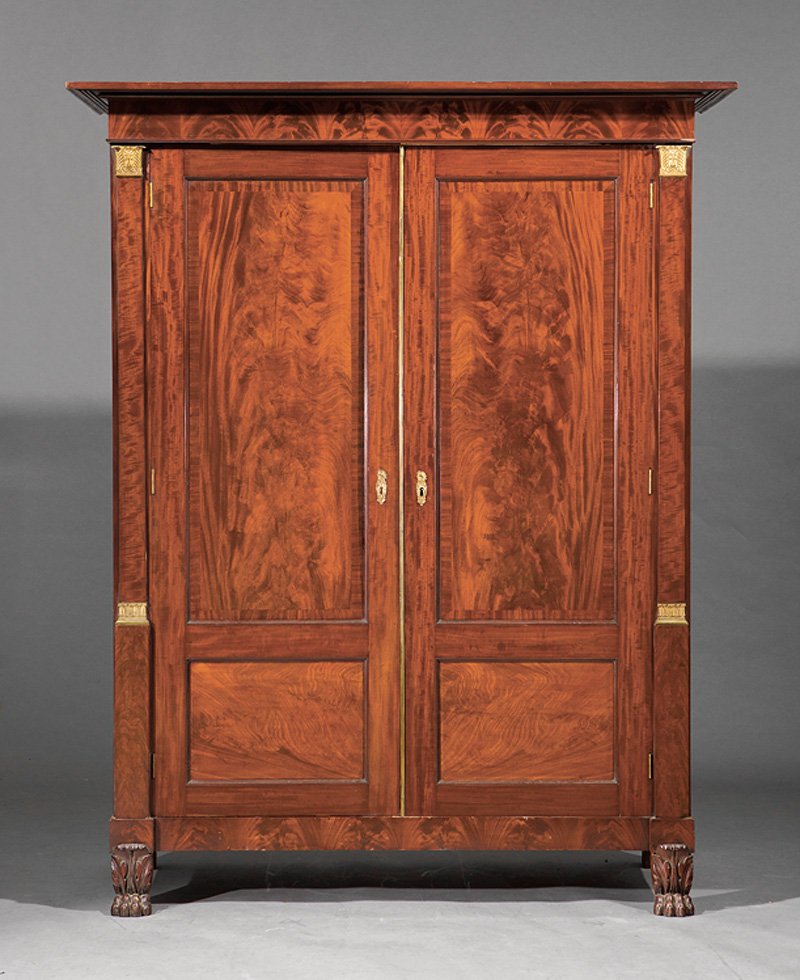 Classical Bronze-Mounted Mahogany Armoire: Fine American Classical Bronze-Mounted Mahogany Armoire, early 19th c., reeded cornice, crossbanded paneled doors flanked by pilasters, fitted interior of trays and medial belt of drawers, acanthine p