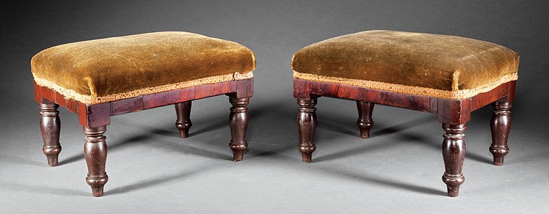 Pair of Sheraton Mahogany Stools: Pair of Diminutive Sheraton Mahogany Stools, c. 1800, in old surface