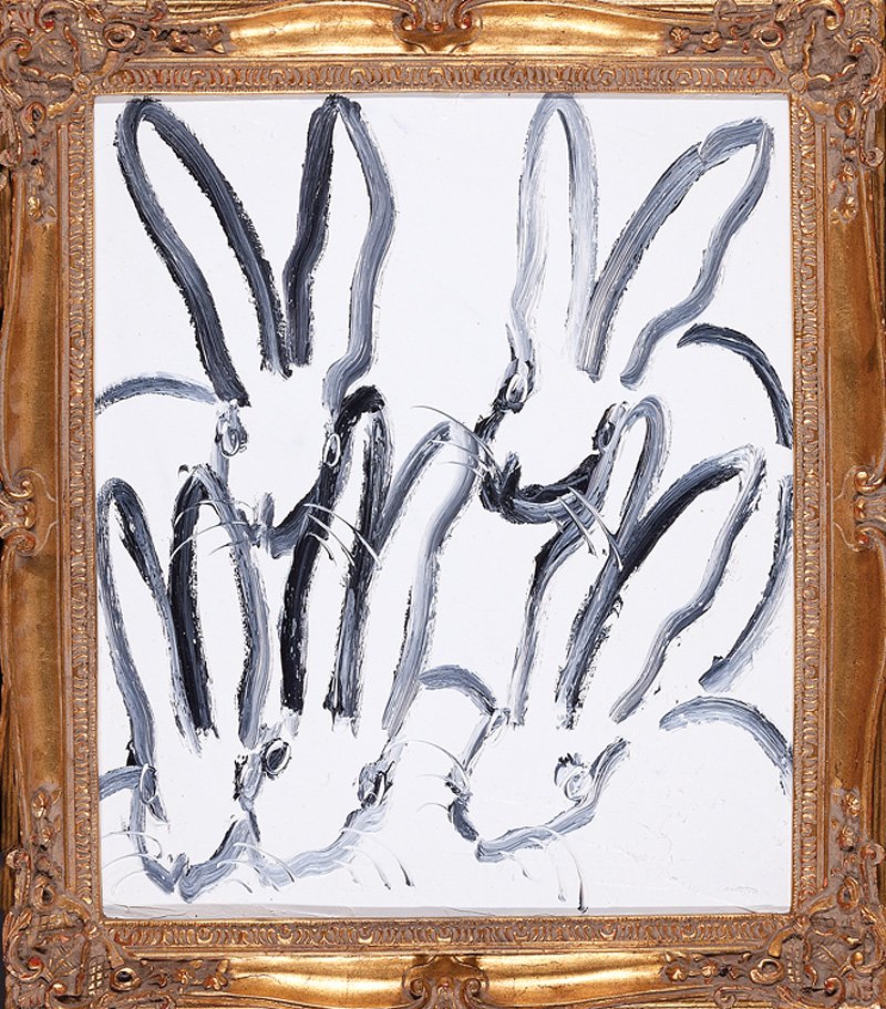 Hunt Slonem (American/Louisiana, b. 1951): Hunt Slonem (American/Louisiana, b. 1951), "Four Play + One", 2014, oil on plywood, signed, titled and dated en verso, 25 3/4 in. x 22 in., framed