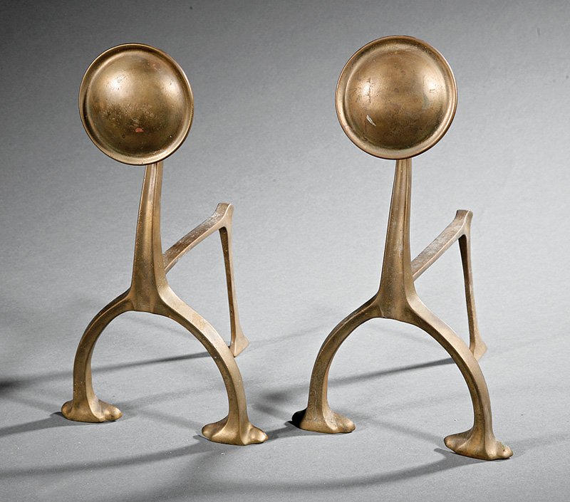 Antique Pair of English Arts and Crafts Andirons: Antique Pair of English Arts and Crafts Andirons, stemmed bosses on curved legs, h. 13 1/4 in., w. 7 1/2 in., d. 9 in