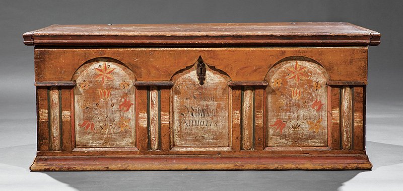 Paint-Decorated Pine Dower Cheset: American or German Paint-Decorated Pine Dower Chest, 18th c., dated 1783, molded lid, wrought iron strap hinges, paneled front with tulips, owner's name and date, molded base, h. 20 1/4 in., w. 50 5/8
