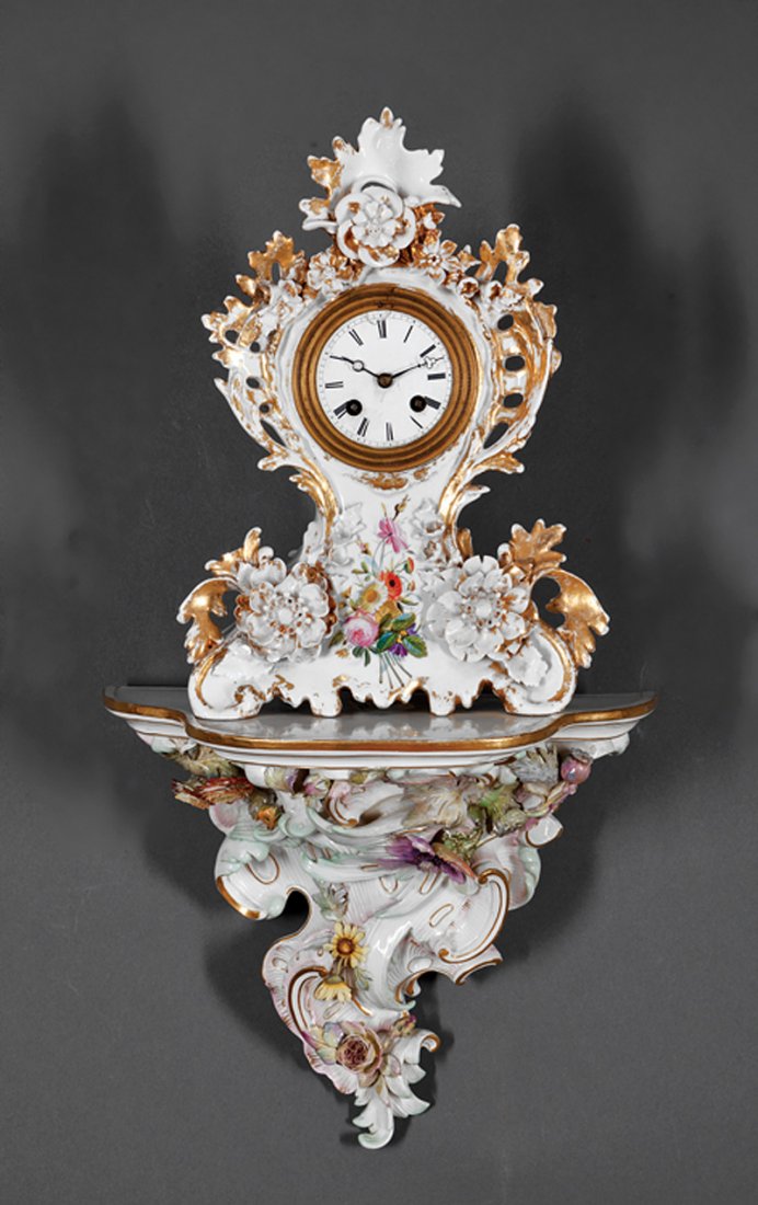 Meissen Porcelain Wall Bracket: Meissen Porcelain Wall Bracket, probably late 19th c., crossed swords mark, shaped shelf, rocaille molded standard with applied flower heads, h. 12 in., w. 13 1/2 in., d. 7 7/8 in.; together with a Pa