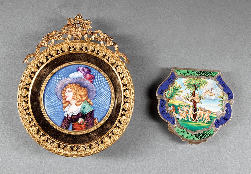 Continental Enamel Roundel Portrait of a Beauty: Continental Enamel Roundel Portrait of a Beauty, 19th c., signed "Sysa", h. 6 1/2 in., framed; together with an enamel and silver compact, painted with dancing putti, w. 3 1/2 in. (2 pcs.). Provenance