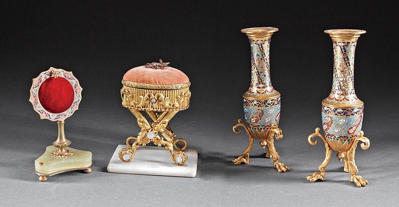 Pair of French Bronze-Mounted Champlevé Vases: Pair of French Gilt Bronze-Mounted Champlevé Enamel Vases, late 19th c., elongated necks, everted rims, claw footed tripod stands, h. 7 1/4 in.; together with gilt metal hinged casket with velvet lid