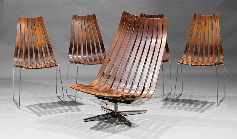 4 Hans Brattrud for Hove Mobler "Scandia" Chairs: Set of Four Hans Brattrud for Hove Mobler Rosewood "Scandia" Chairs, c. 1958, labeled, bentwood slats of chrome legs; together with a Hans Brattrud rosewood lounge chair, labeled, on swivel base, Note