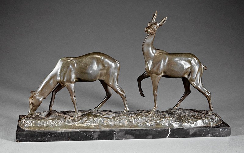 Irénée Rochard (French, 1905-1984): Irénée Rochard (French, 1905-1984), "Biche et Faon", bronze, inscribed "I. Rochard" on self base, marble plinth, overall h. 14 1/2 in., w. 25 1/4 in. Provenance: The Gotlib Collection
