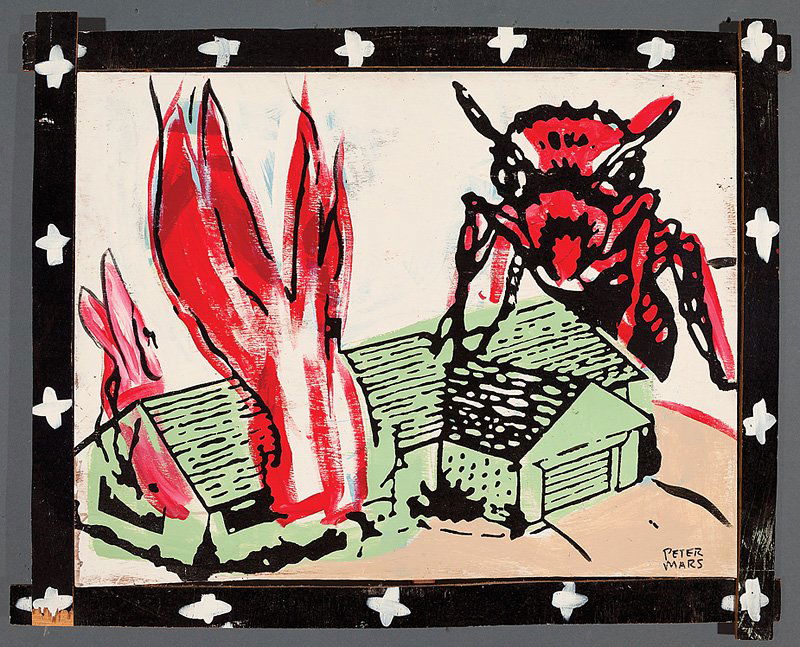 Peter Mars (American/Chicago, b. 1959): Peter Mars (American/Chicago, b. 1959, act. New Orleans 1980s), "Get Out of the House! or To Hell in a Handbasket", 1989, silkscreen and acrylic on plywood, signed lower right, signed, titled, dated a