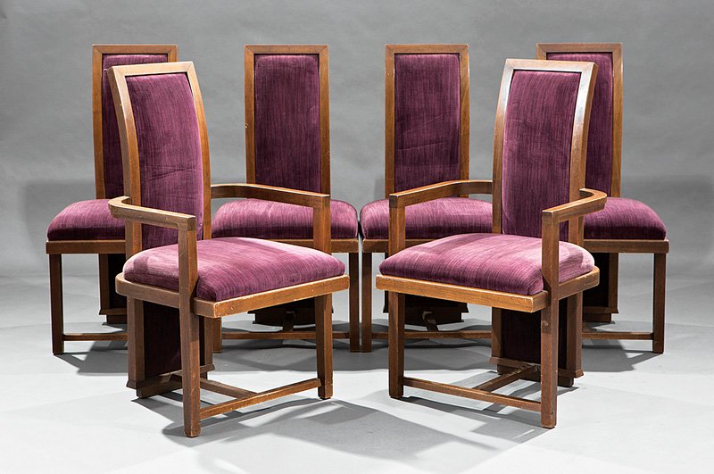Six Frank Lloyd Wright Dining Chairs: Set of Six Frank Lloyd Wright Dining Chairs by Heritage Henredon, c. 1955, Taliesin line, two armchairs and four sides, high back, h. 40 in. Provenance: Estate of Donald E. Pierce, Greenwood, MS and S
